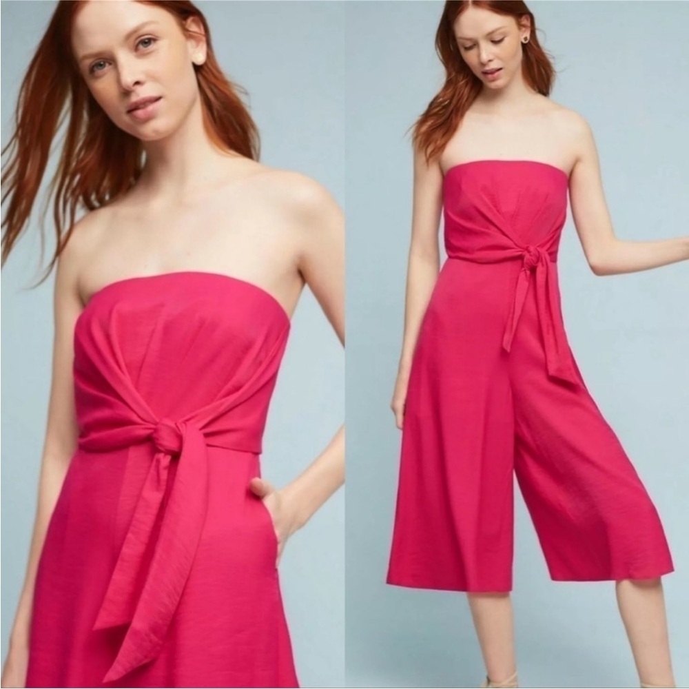 Anthropologie Maeve Brin Strapless Flared Crop Wide Leg Jumpsuit Pink 6